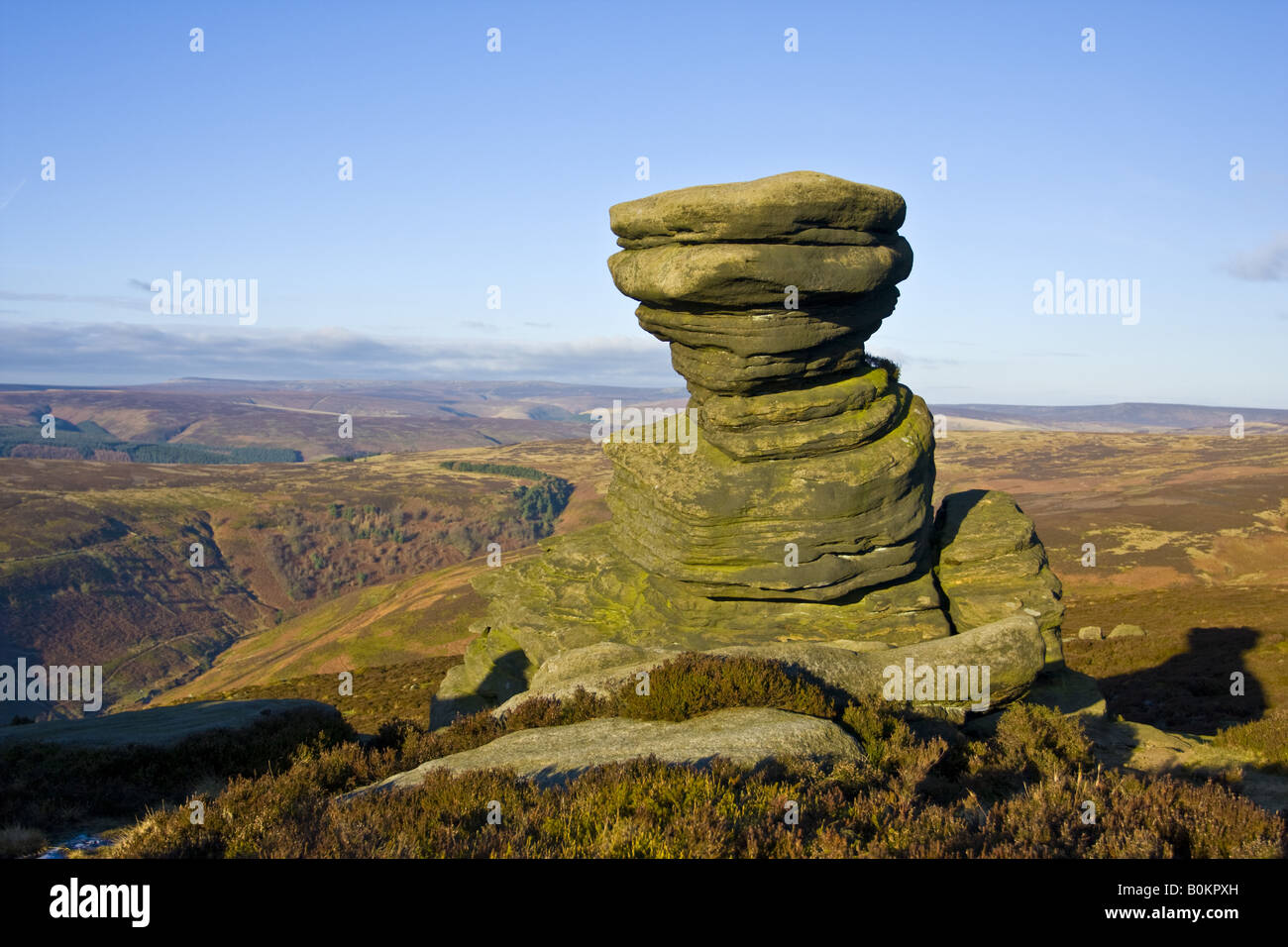 The Salt Cellar with hills in the distance. This is on the hill above Ladybower reservoir. Stock Photo