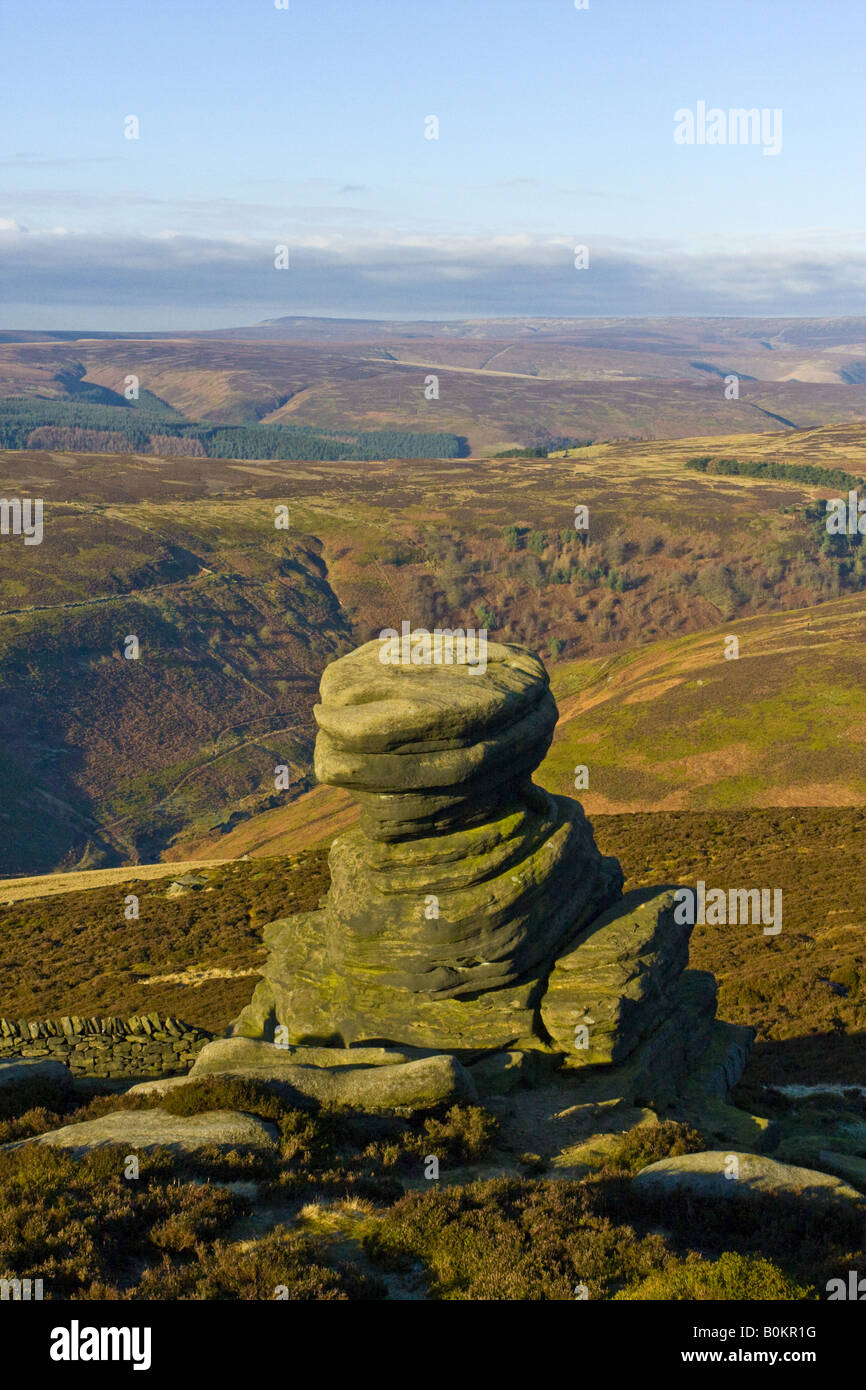 The Salt Cellar from above with hills in the distance. This is on the hill above Ladybower reservoir. Stock Photo