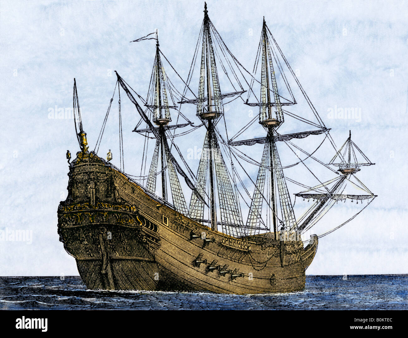 Armed Genoese carrack a merchant ship of the 1400s and 1500s. Hand-colored woodcut Stock Photo