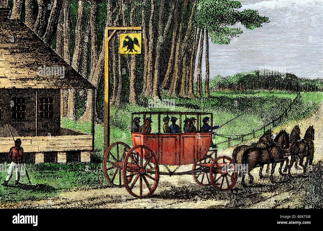 Travel by stagecoach in 1795. Hand-colored woodcut Stock Photo