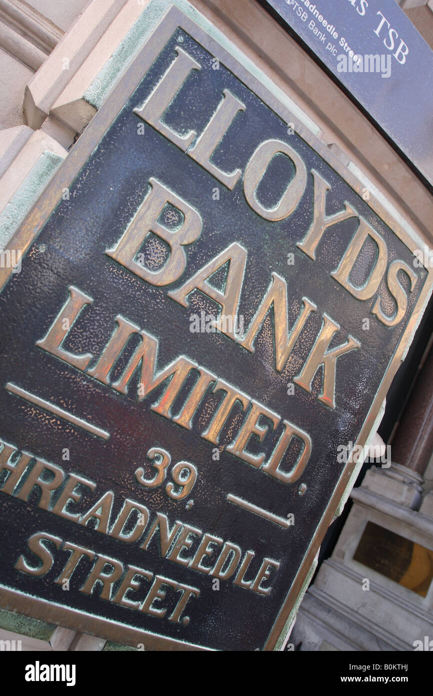 Lloyds Bank old brass company name plate on the branch in Threadneedle Street in The City of London Stock Photo