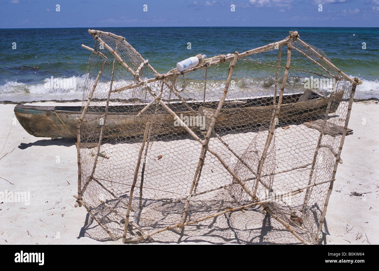 Negril Beach, Jamaica. Traditional fishing trap and boat Stock Photo