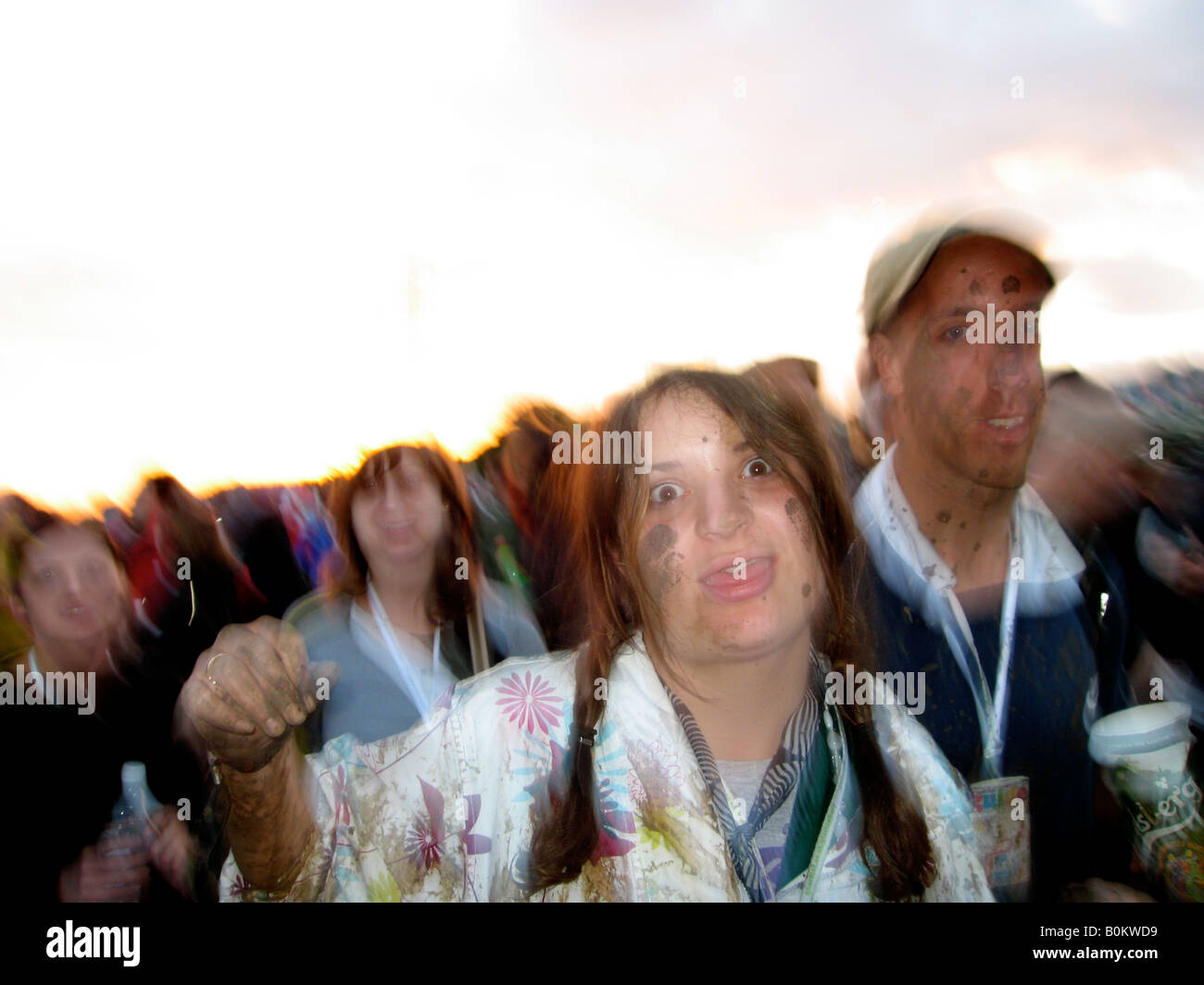 Drugs at Glastonbury Festival 2007, blurred intoxicated woman Stock Photo