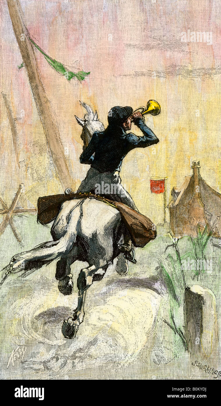 Old-time post rider trumpeting the arrival of the mail. Hand-colored woodcut Stock Photo