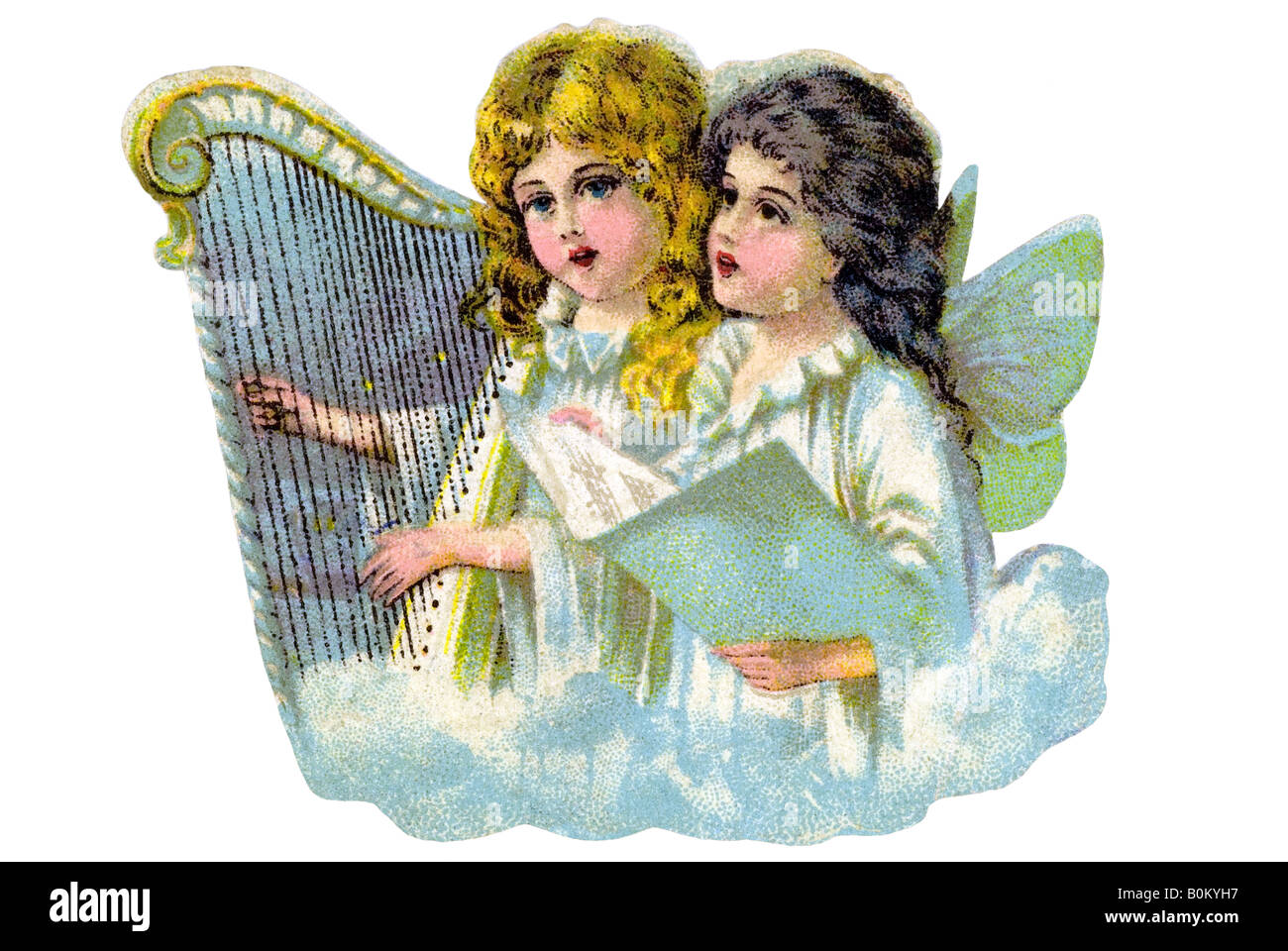 two singing children angels blond black haires with harp and songbook on cloud 19th century Germany Stock Photo