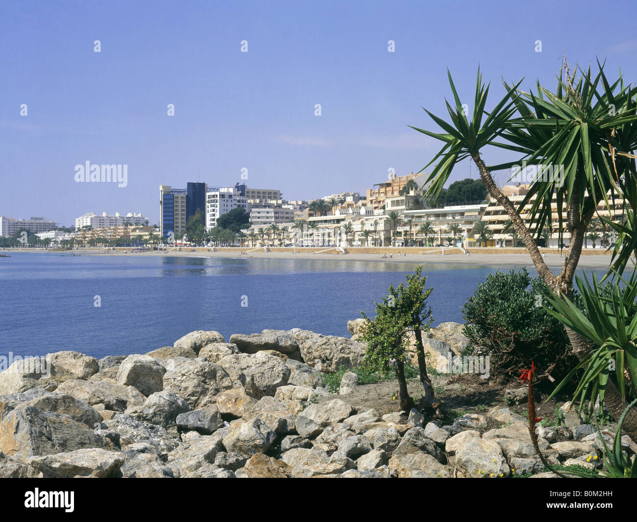 Costa Almeria. Coastal resort town. View from the port gardens of waterfront buildings. Beach. Sea. Stock Photo