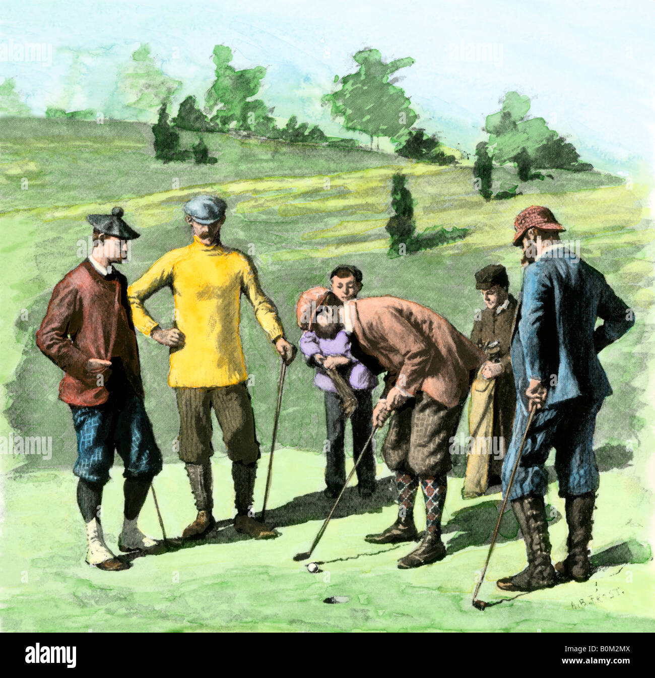 Golfers finishing a game at the putting green circa 1890. Hand-colored halftone of an illustration Stock Photo
