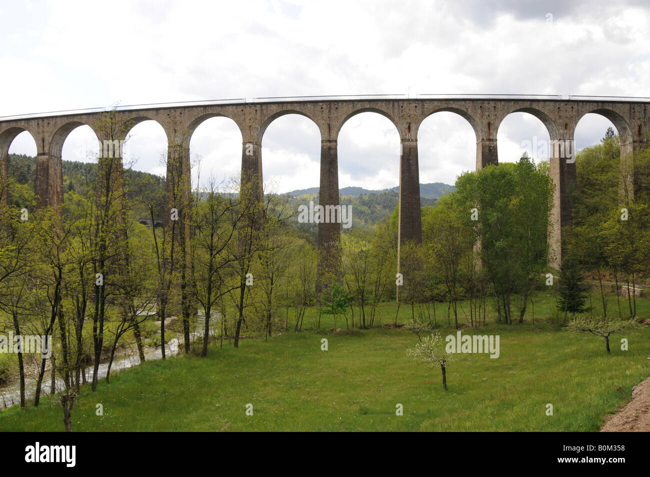 The Viaduct du Luech at Chamborigaud in the Cevennes region of the south of France. It is 46 metres high, 360 long, has 29 arches and is still in use. Stock Photo