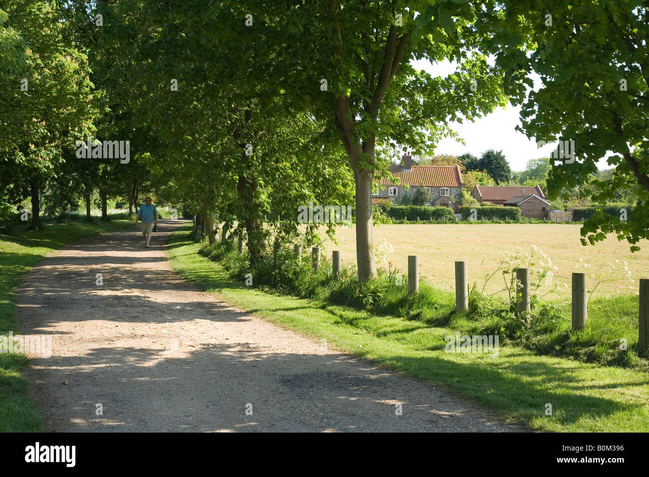 A man walks beside the village green in the village of Moulton, near