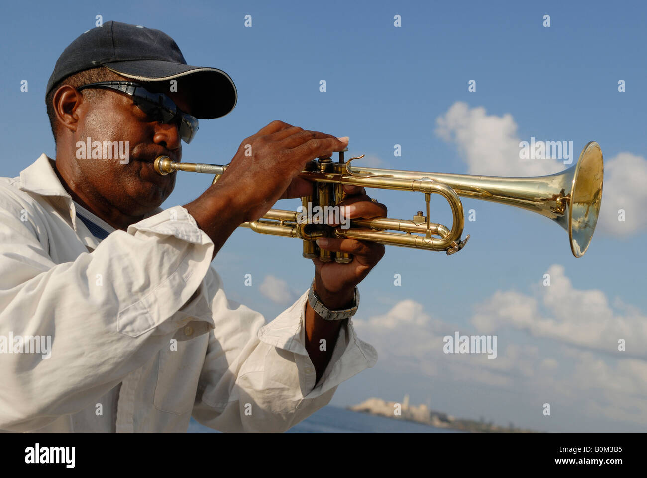 Portrait of a middle aged trumpeter at the Malecon Boulevard in Havana Cuba April 2007 Stock Photo