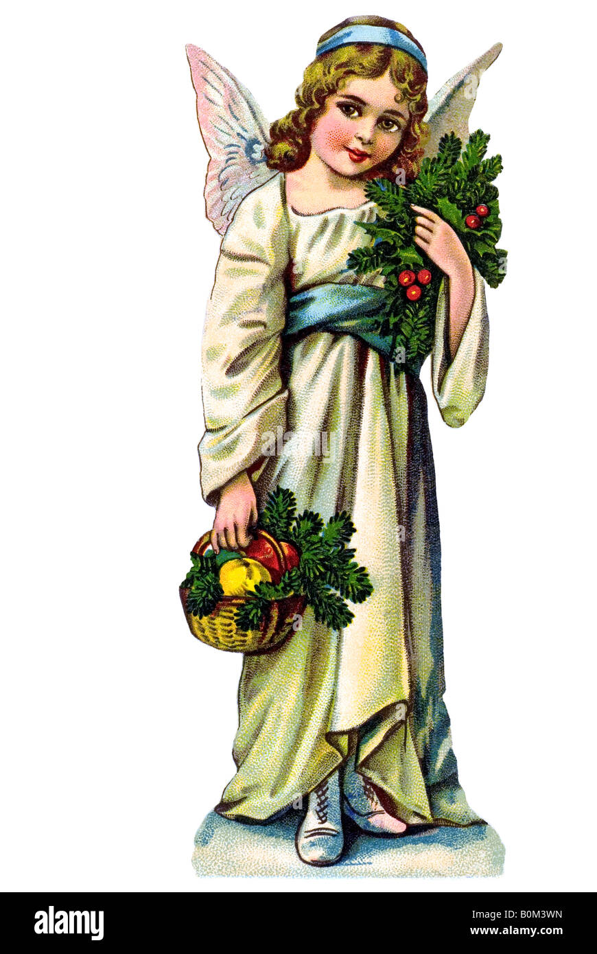 smiling children angel white dress mistletoe red berries basket apples fir branches 19th century Germany Stock Photo
