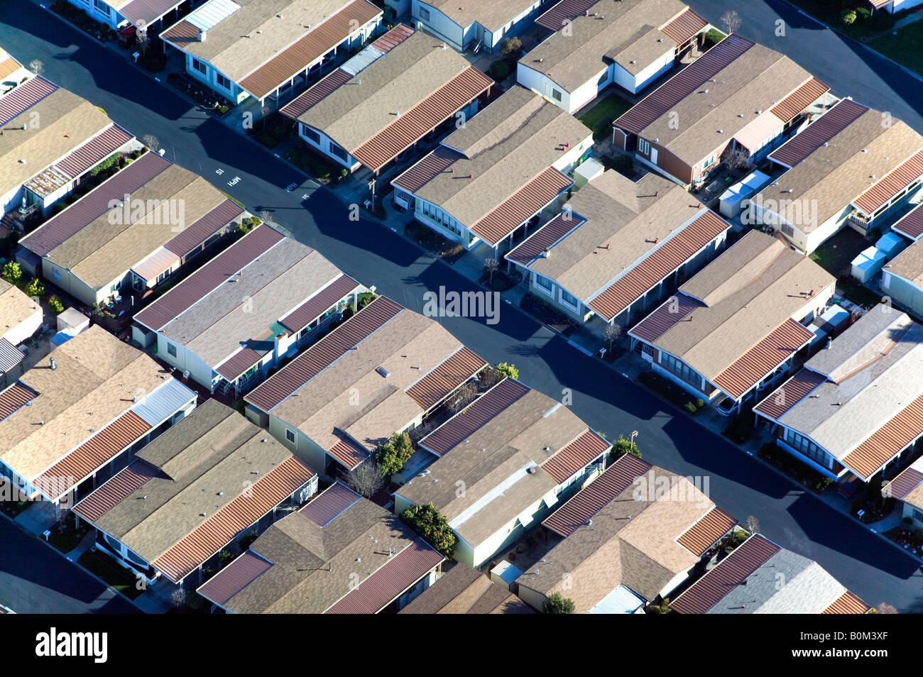 aerial view above rooftop view mobile homes California Stock Photo
