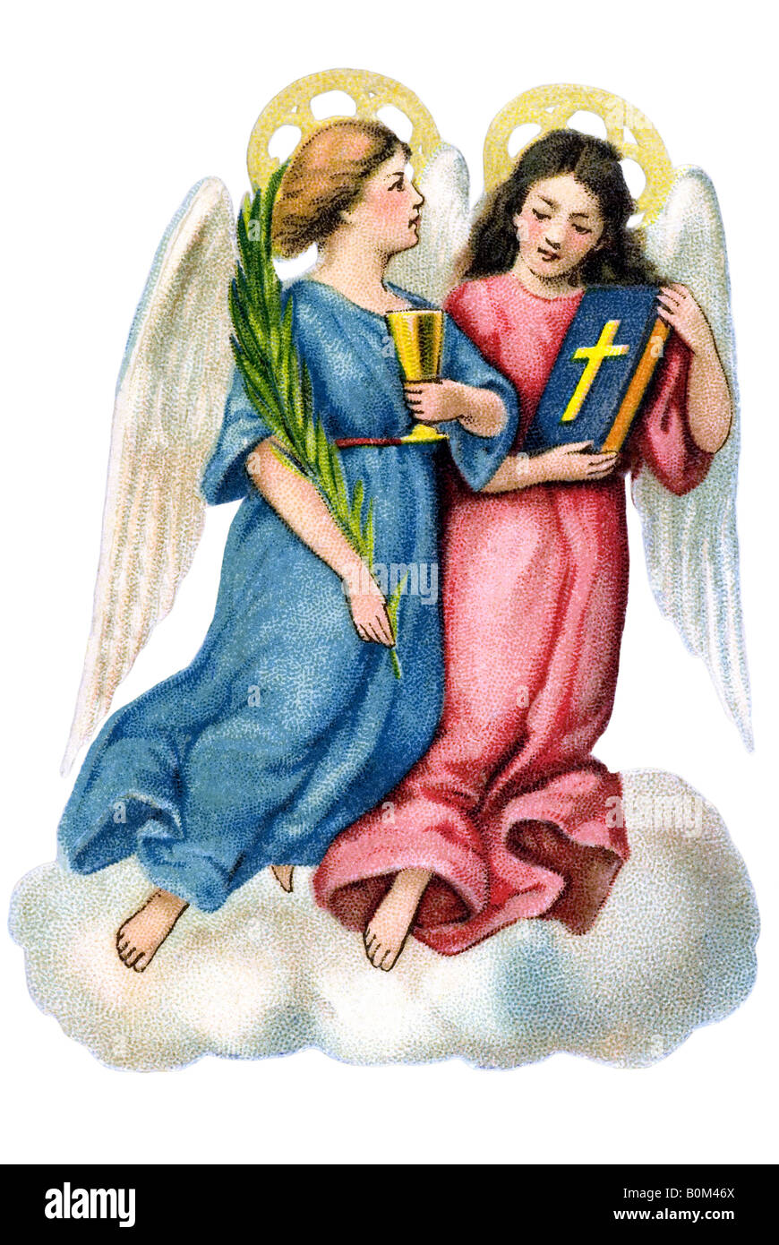 two angels blue and pink with goblet bible standing on cloud 19th century Germany Stock Photo