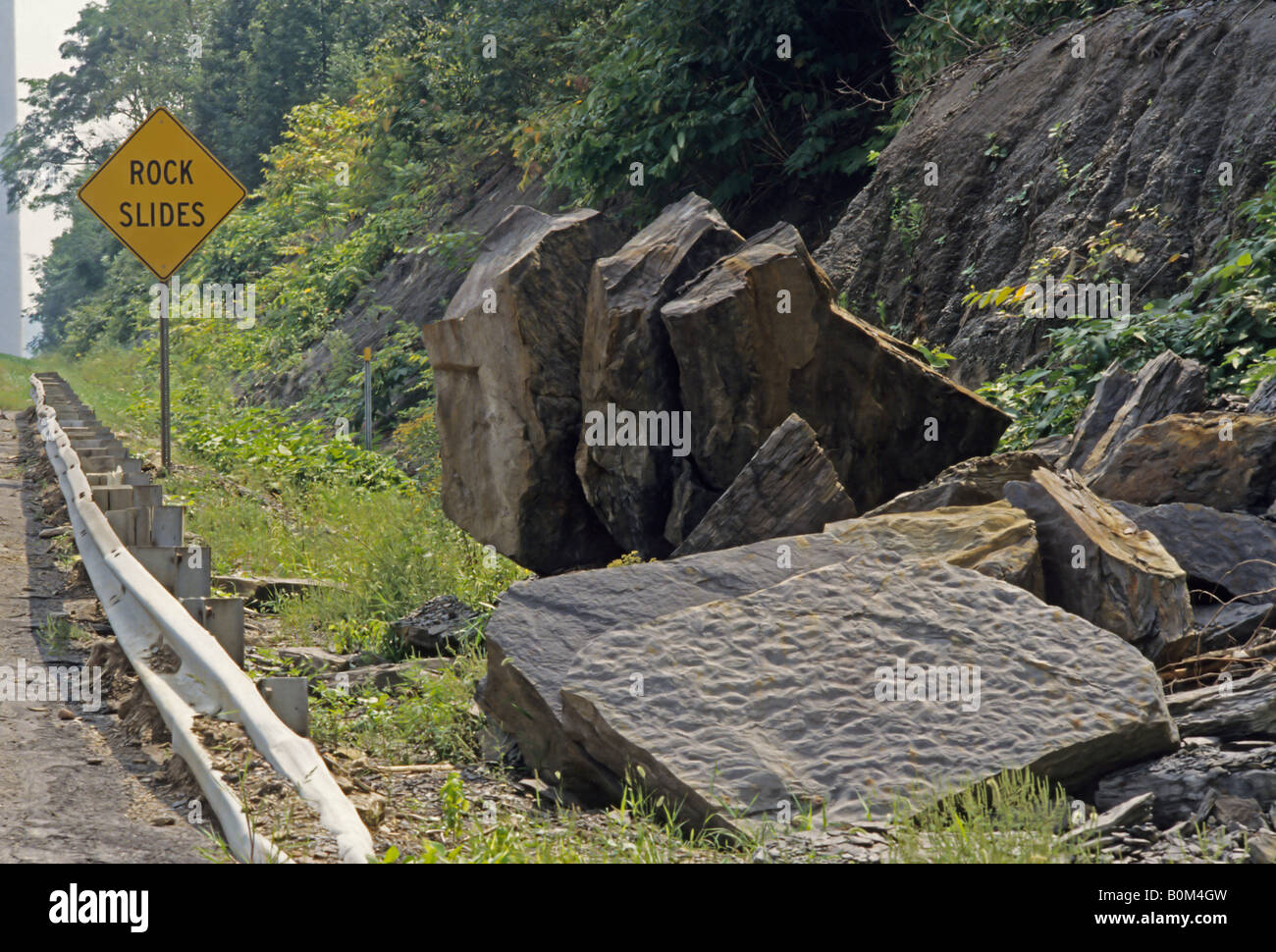 Rock Slides sign along base of cliff near highway Ohio USA geology landslide fallen boulders erosion Stock Photo