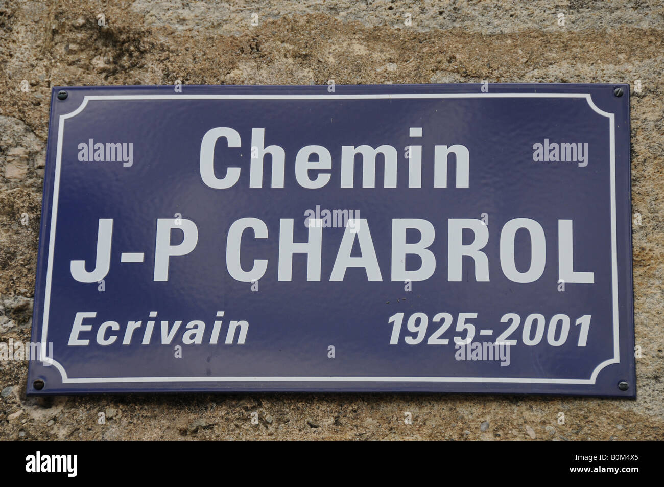 Road names after the French author Jean-Pierre Chabrol who was born and died at Chamborigaud in the Cévennes area of France. Stock Photo