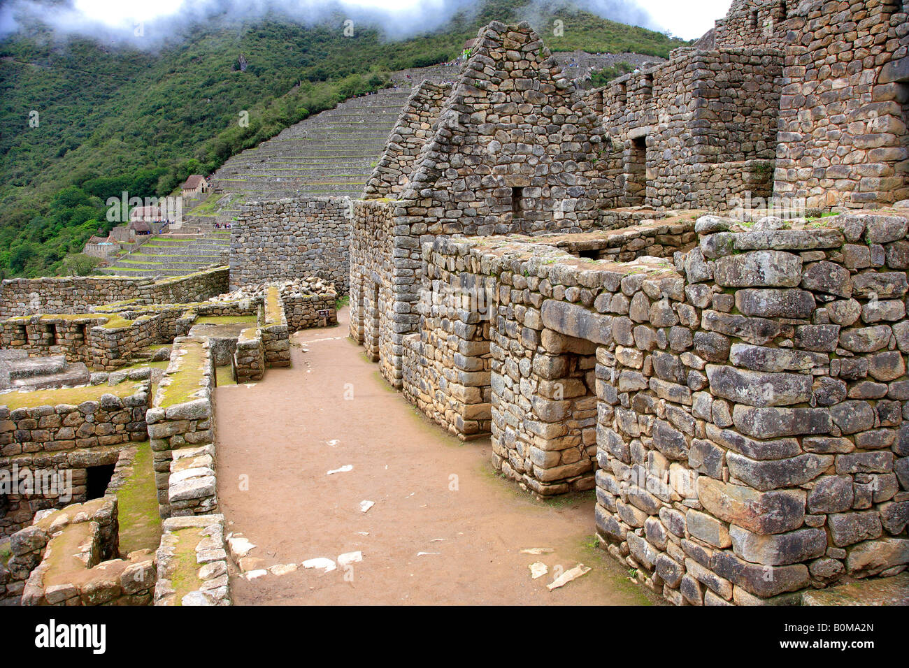 Machu Picchu Buildings Terraces in Upper Complex Urubamba river Valley Lost City Andes Peru South America UNESCO World Heritage Stock Photo