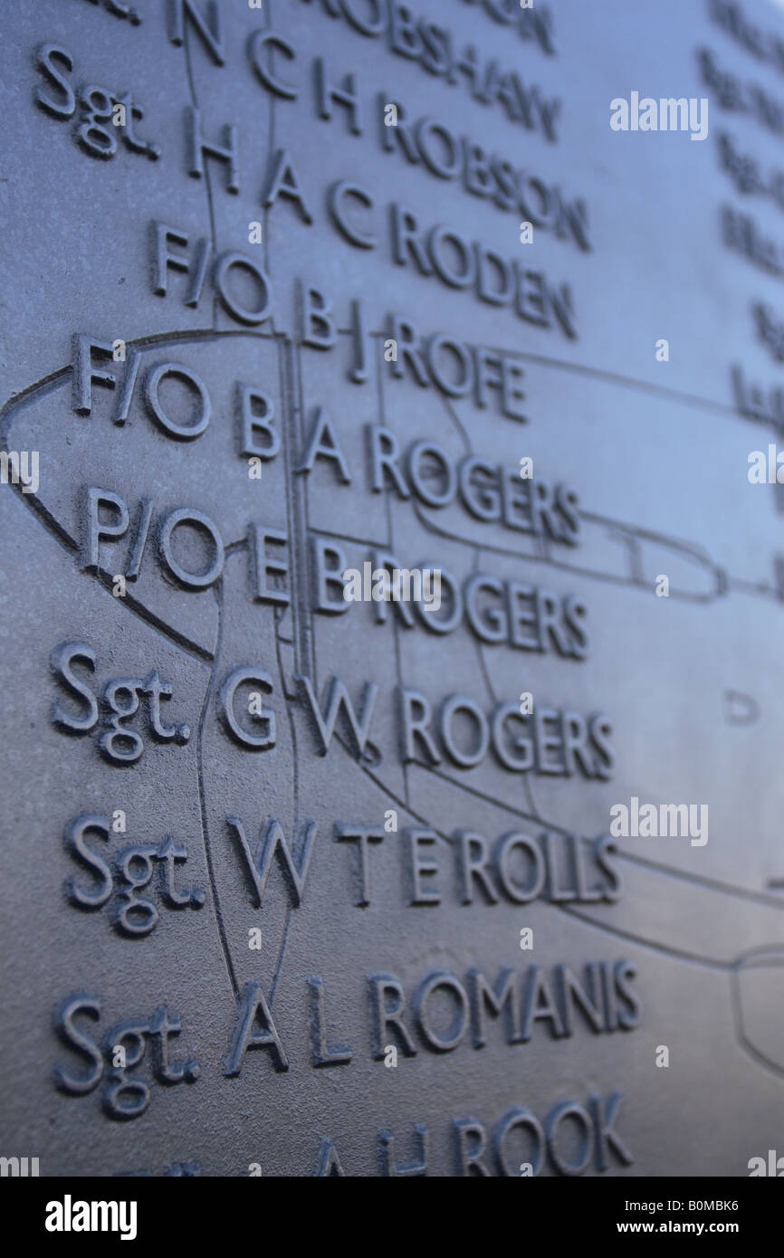 The Battle of Britain Monument by Paul Day detail showing names of RAF aircrew killed in action located on the Embankment London Stock Photo