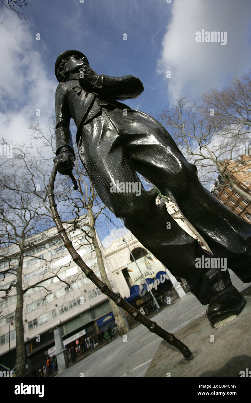 City of London, England. The John Doubleday sculpted Charlie Chaplin, Sir Charles Spencer Chaplin, located at Leicester Square. Stock Photo