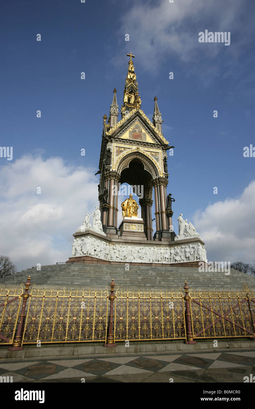 City of London, England. The Albert Memorial was designed by Sir George Gilbert Scott and is situated in Kensington Gardens. Stock Photo