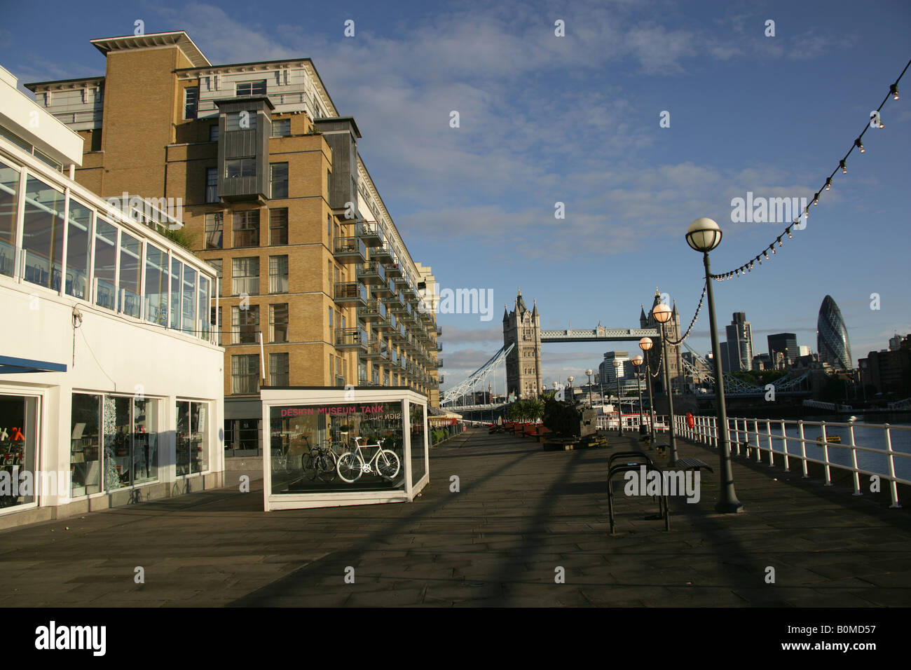 City of London, England. Early morning view of the Design Museum, residential apartments and restaurants at Butlers Wharf. Stock Photo