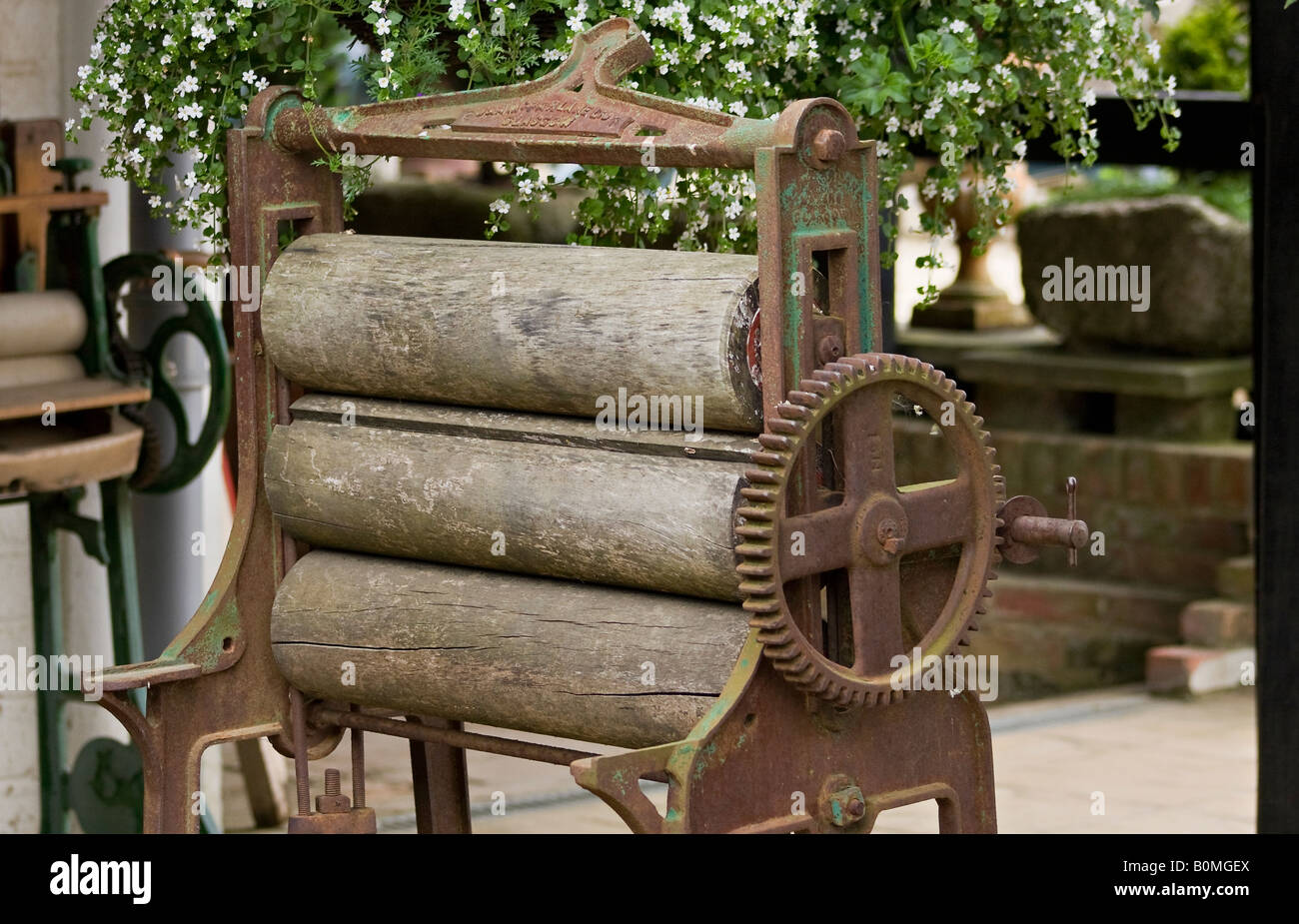 Old fashioned wooden mangle. England, UK Stock Photo