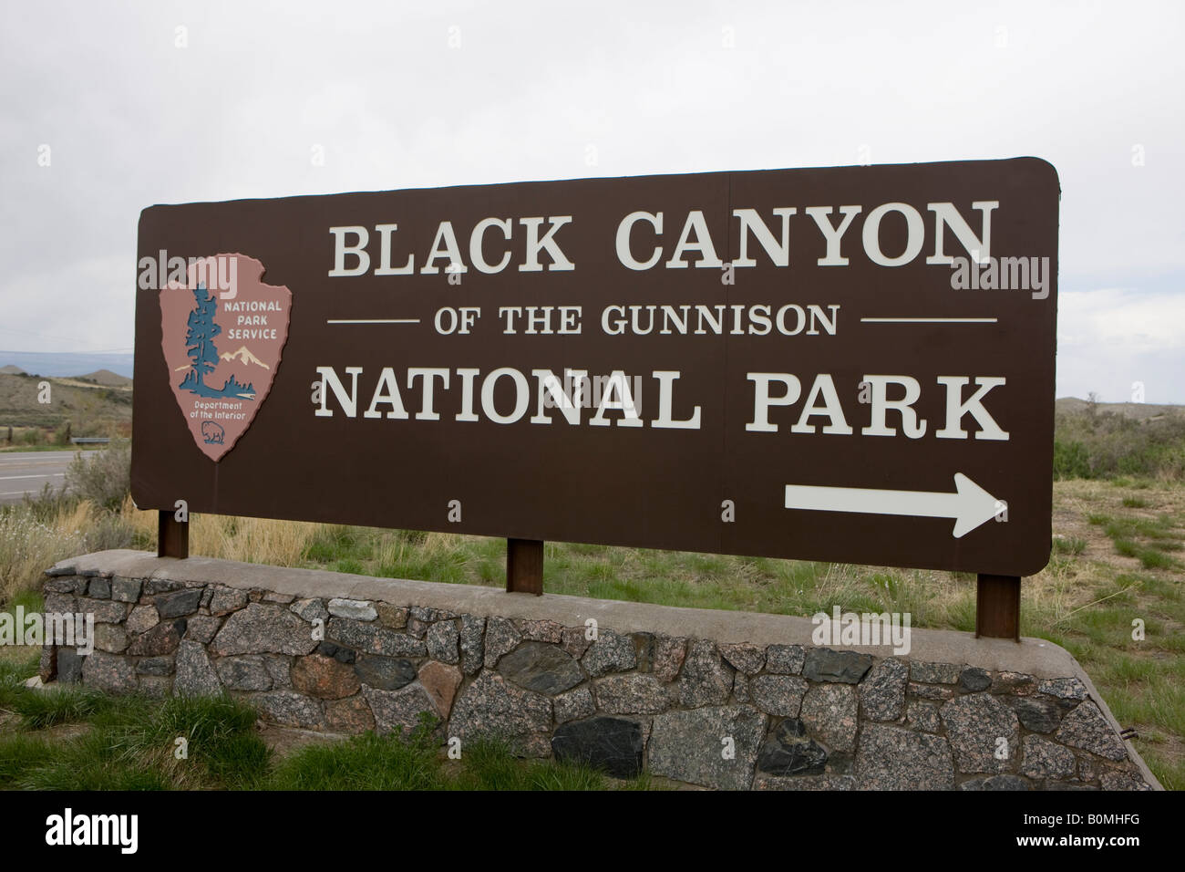 National Park Service welcome sign at the southern entrance to Black Canyon of the Gunnison National Park Montrose Colorado USA Stock Photo