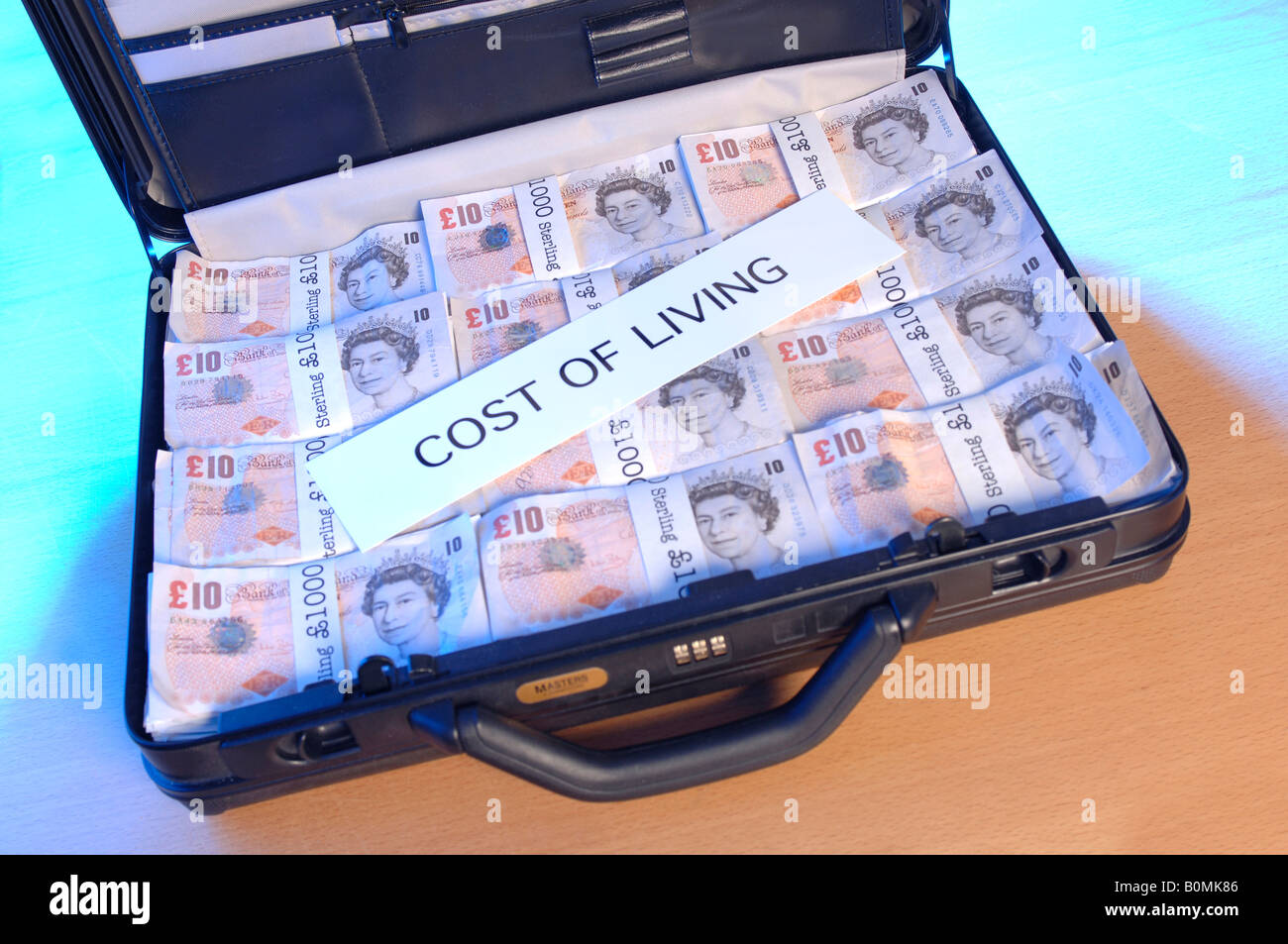 a briefcase full of money with the word cost of living across it Stock Photo