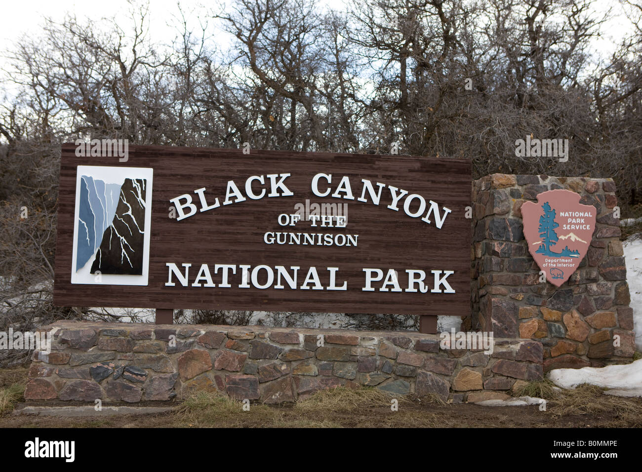 National Park Service welcome sign at the southern entrance to Black Canyon of the Gunnison National Park South Rim Colorado USA Stock Photo