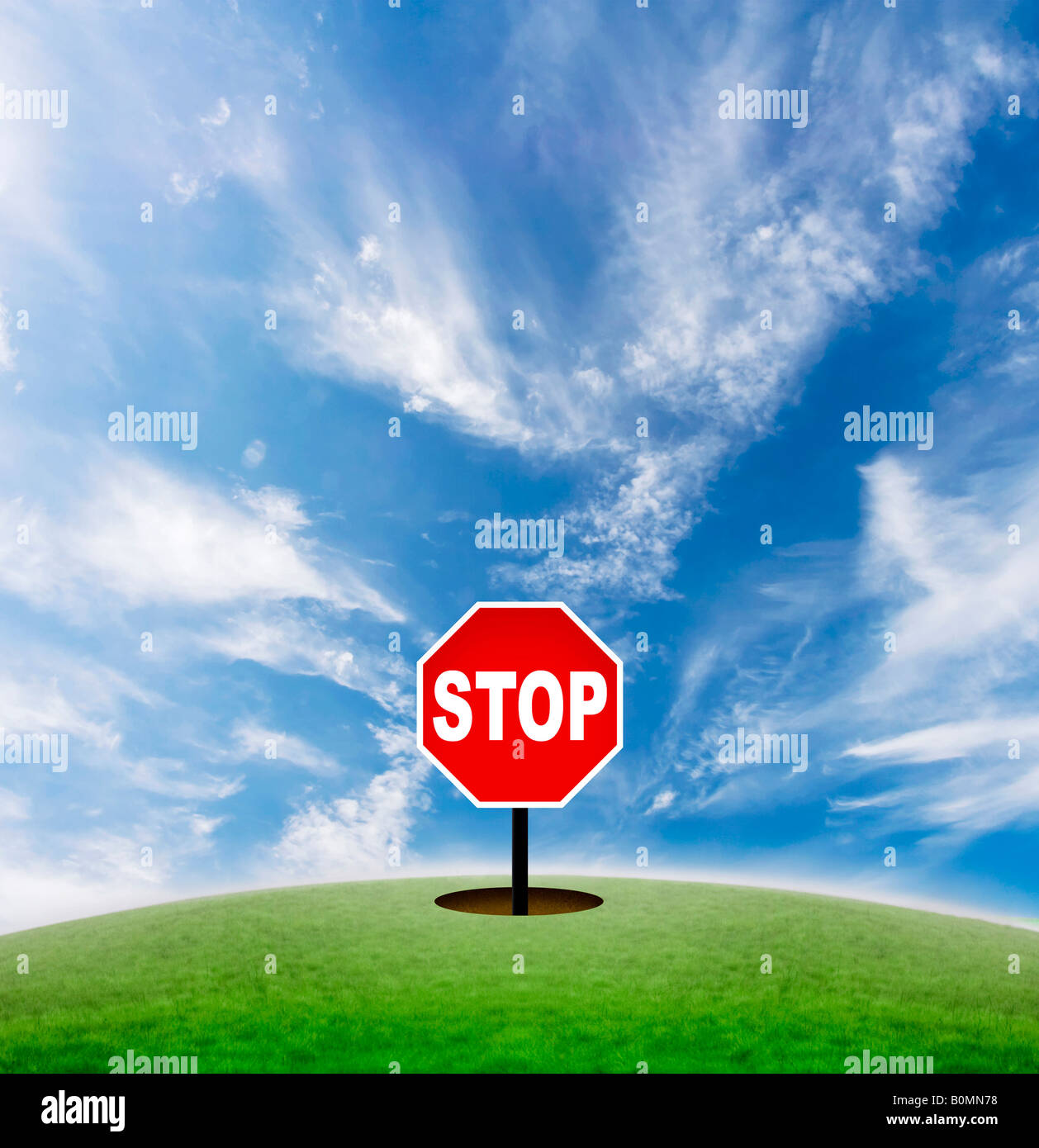 Concept of a stop sign in the middle of nowhere Signifies the pace of