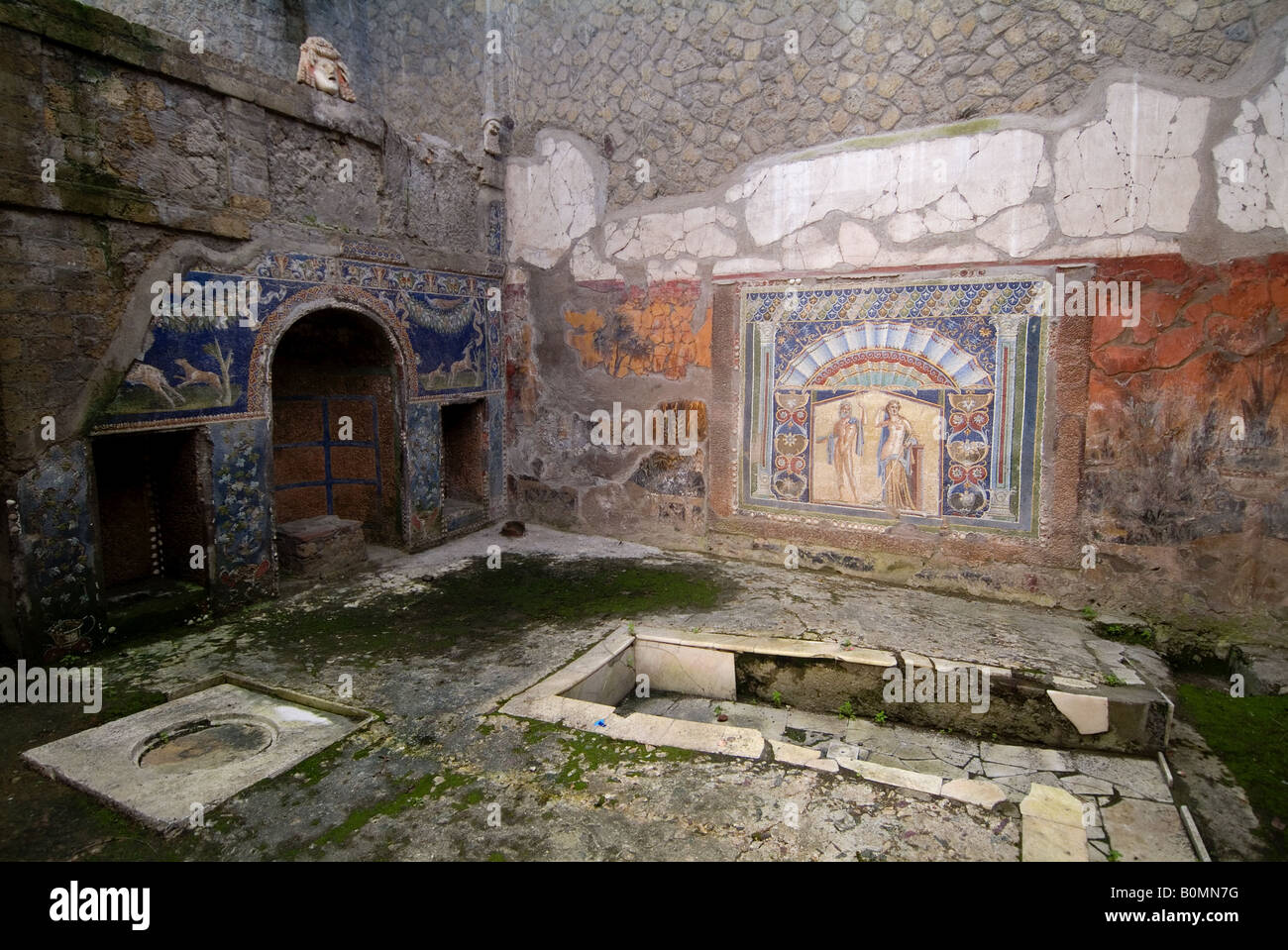 House of Neptune and Amphitrite, Herculaneum, almost perfectly preserved town destroyed in the eruption of Mount Vesuvius, AD79, Stock Photo