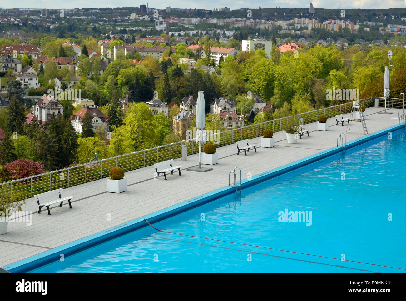 'Opel Bad' swimming pool above the Villa district of Wiesbaden, Germany. Stock Photo