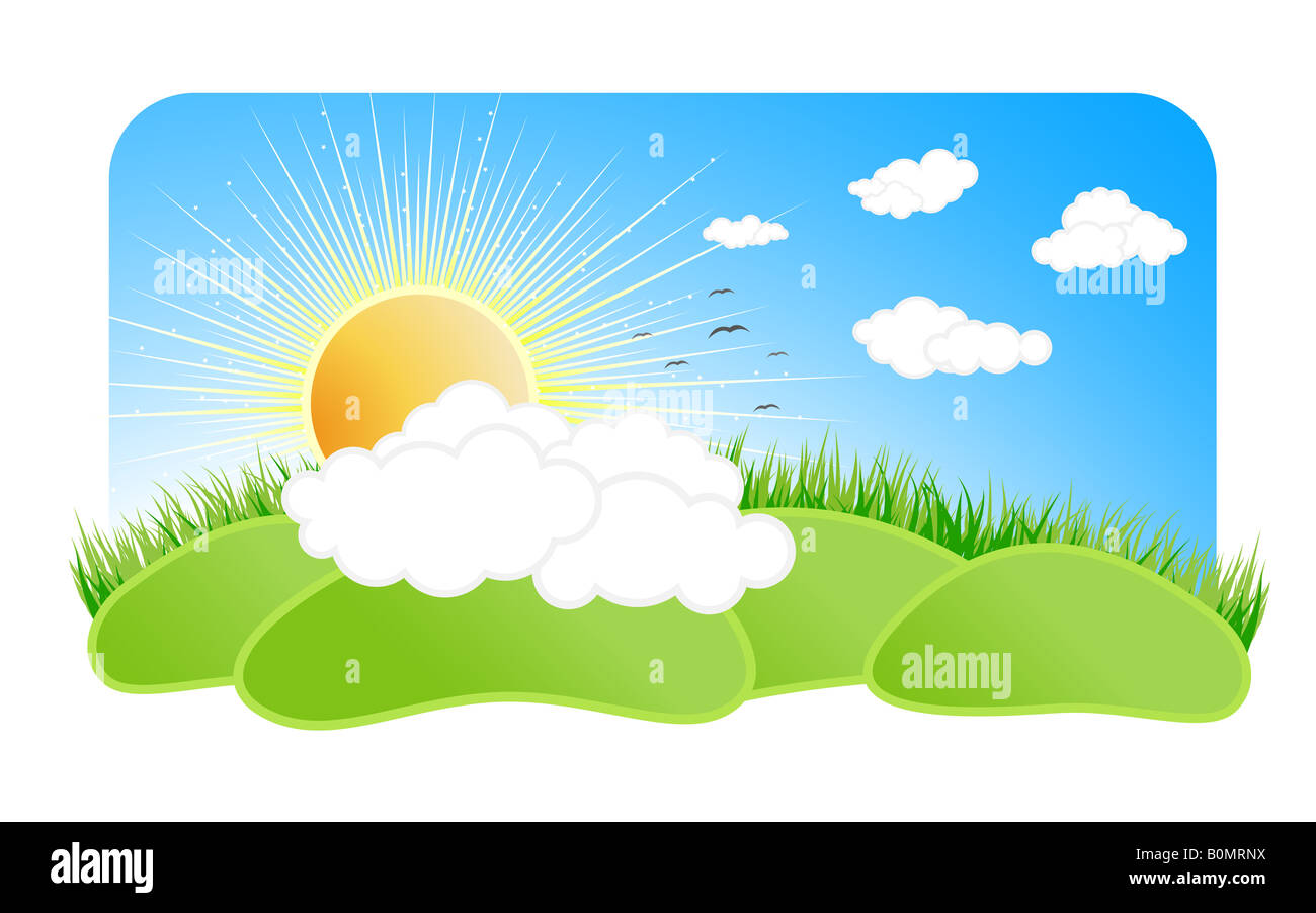 Vector illustration of a beautiful sunny nature landscape with a blue sky clouds birds green grass sun with rays. Stock Photo