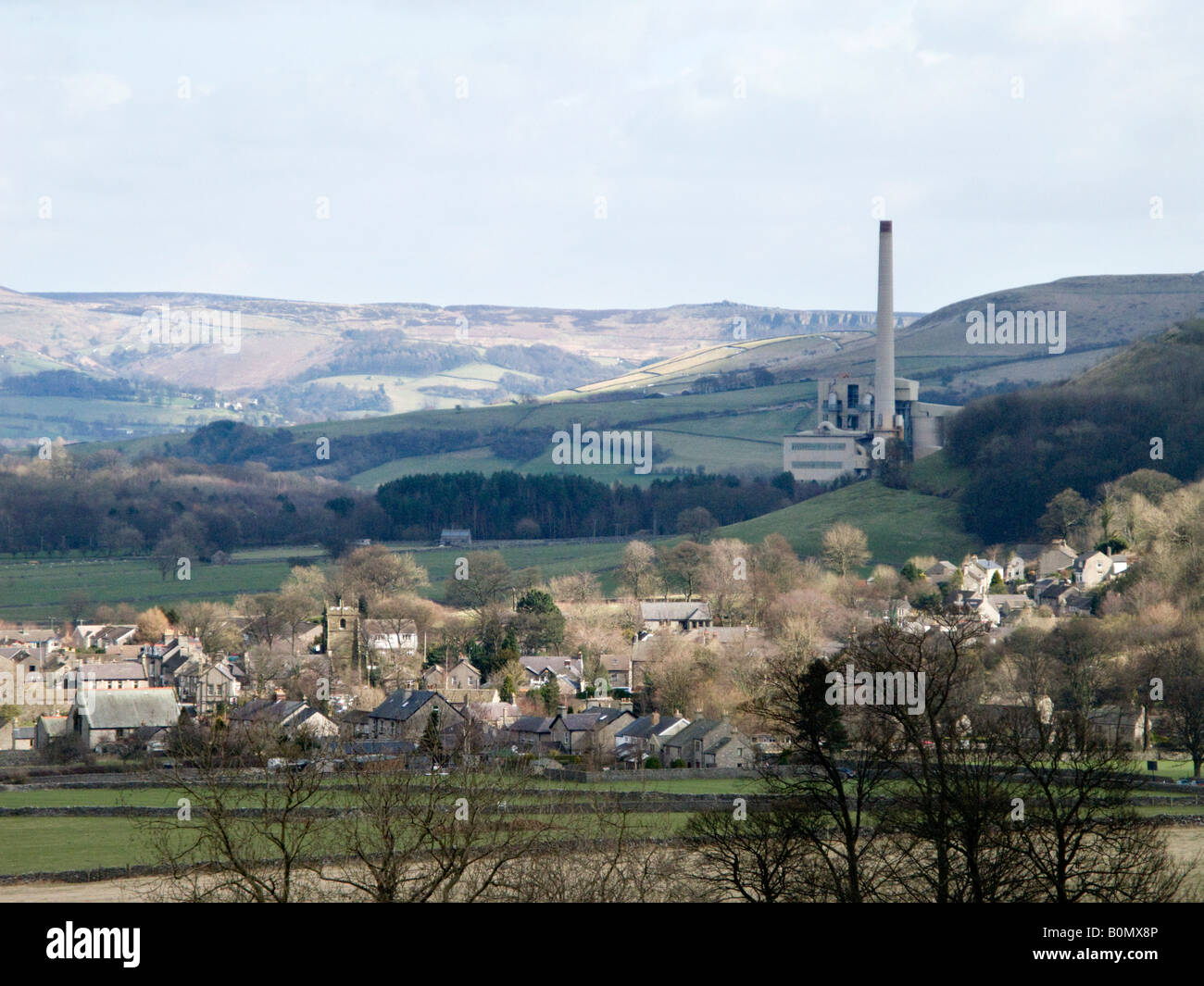 Hope village & cement colliery, as seen from near the Odin mine (foot of Treak Cliff hill, Castleton). Derbyshire, England. UK. Stock Photo