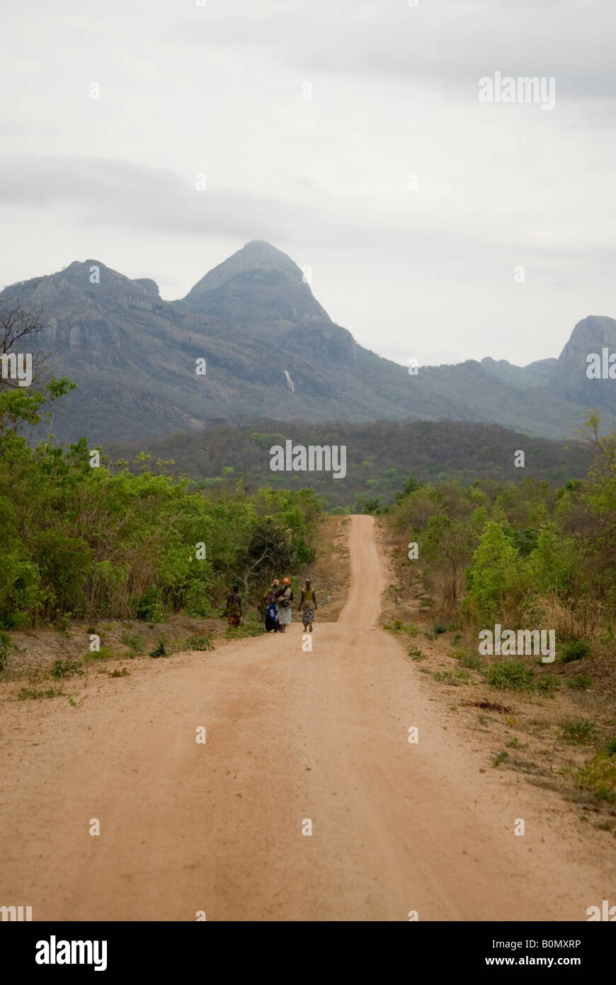 Dustroad leading to mountain massif in Niassa province, northern Mozambique Stock Photo