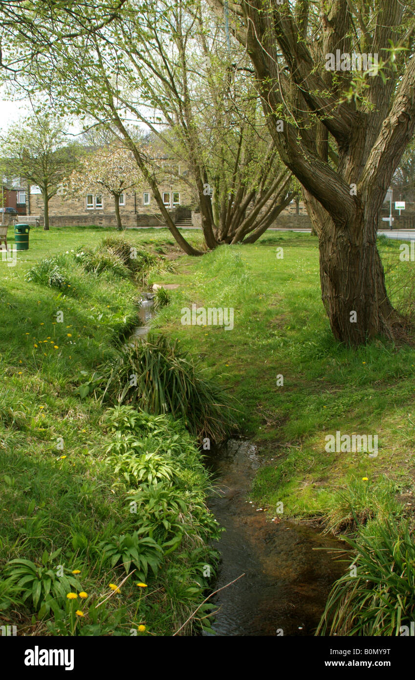 The stream through parkland on a corner of Main Street with modern