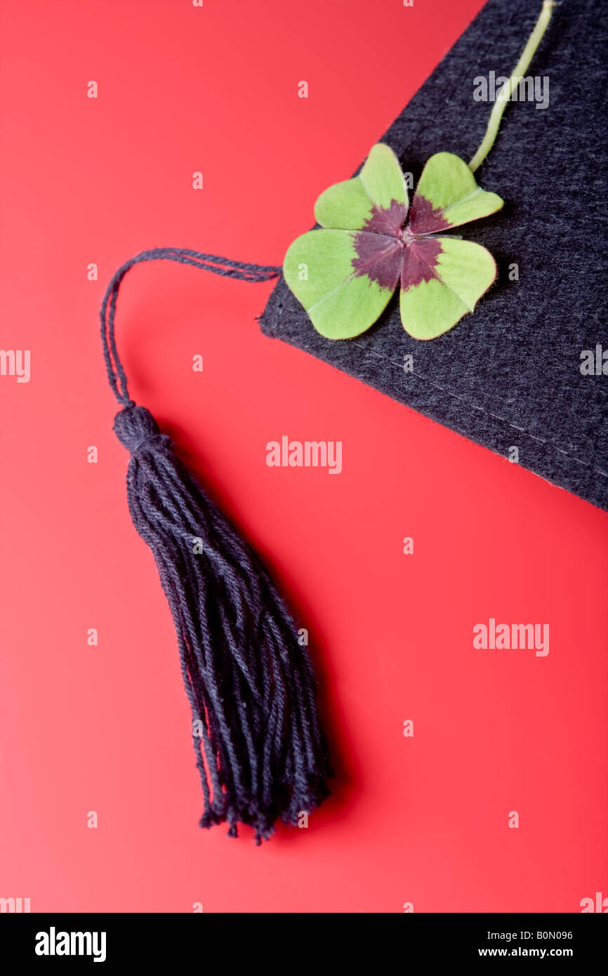 Detail of a graduation hat and good luck cloverleaf Stock Photo - Alamy
