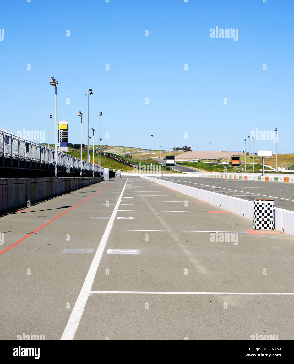 An empty Pit Row sits along the track at Infineon Raceway in Sonoma County California USA Stock Photo