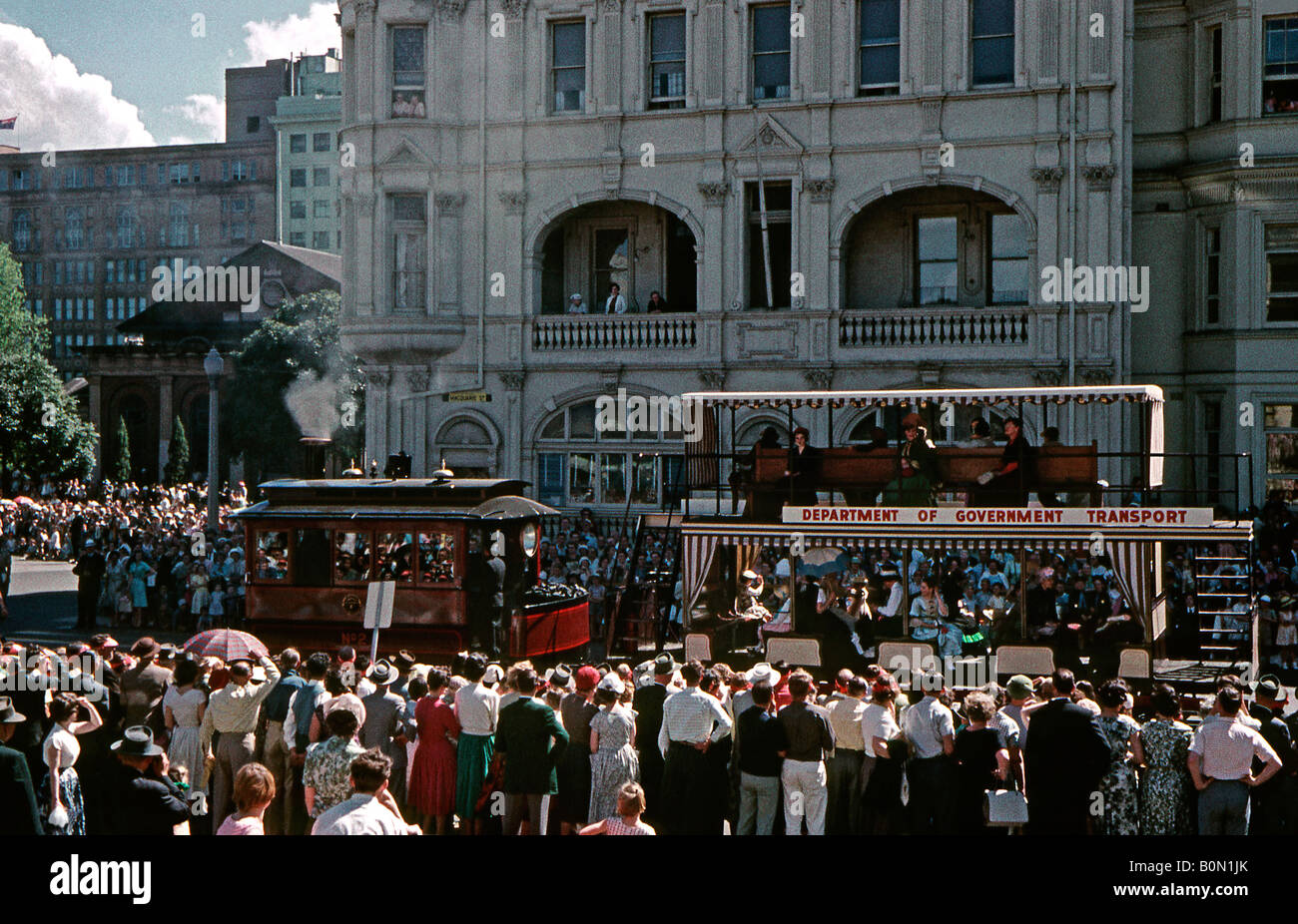 Steam tram in annual Waratah Festival parade, spring 1960, Macquarie