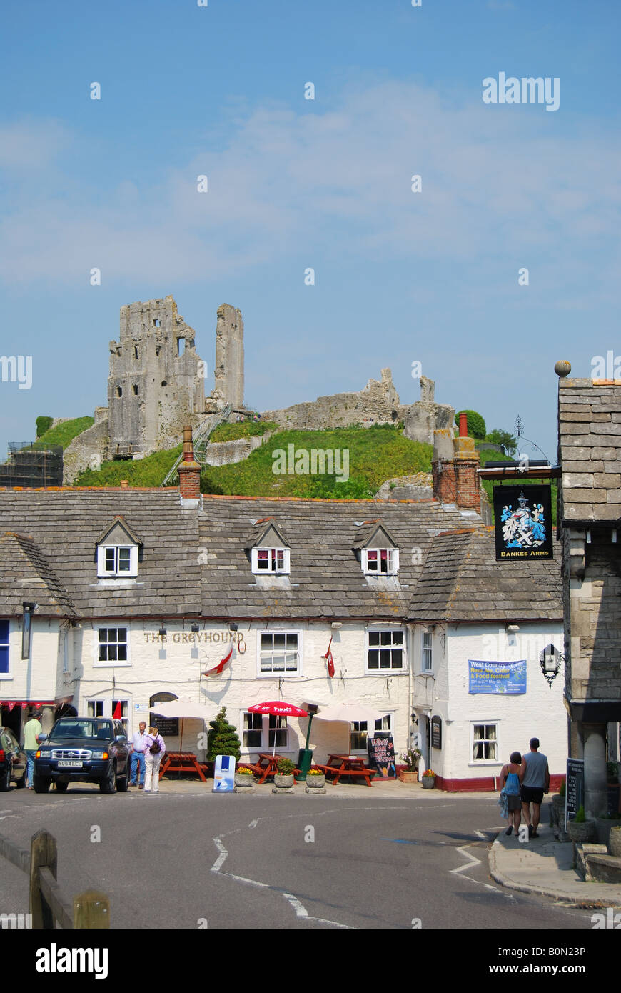 View of village and Castle, Corfe Castle, Dorset, England, United Kingdom Stock Photo