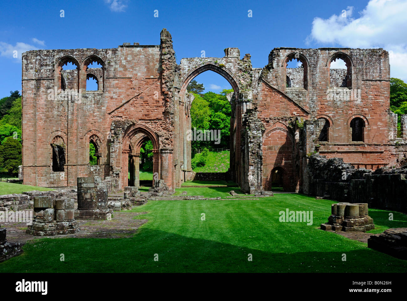 North and South Transepts and the Chancel, looking East from the Nave. Furness Abbey, Cumbria, England, United Kingdom, Europe. Stock Photo