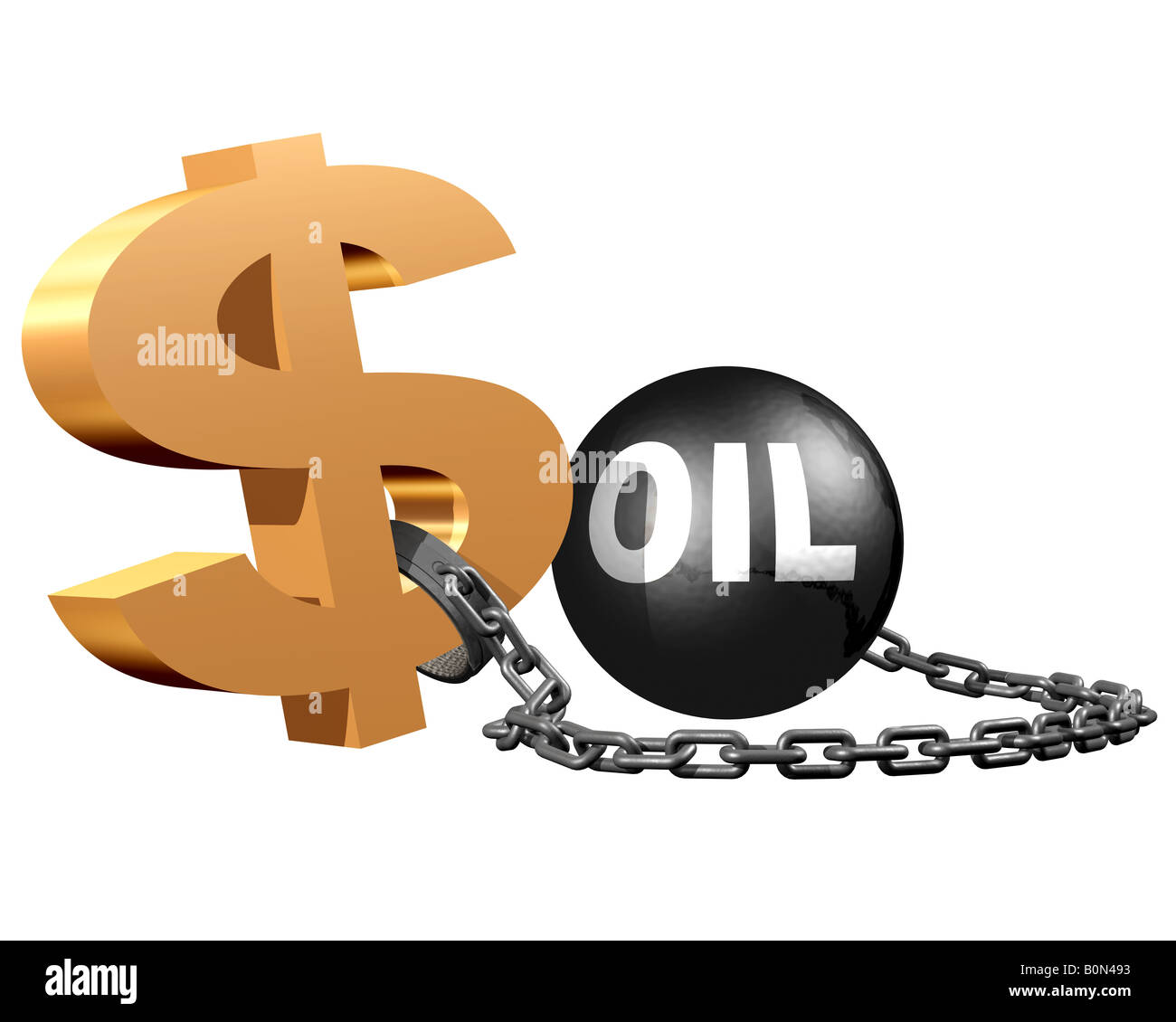 A dollar sign attached to a ball and chain symbolizing the constraints on the dollar by the oil markets Stock Photo