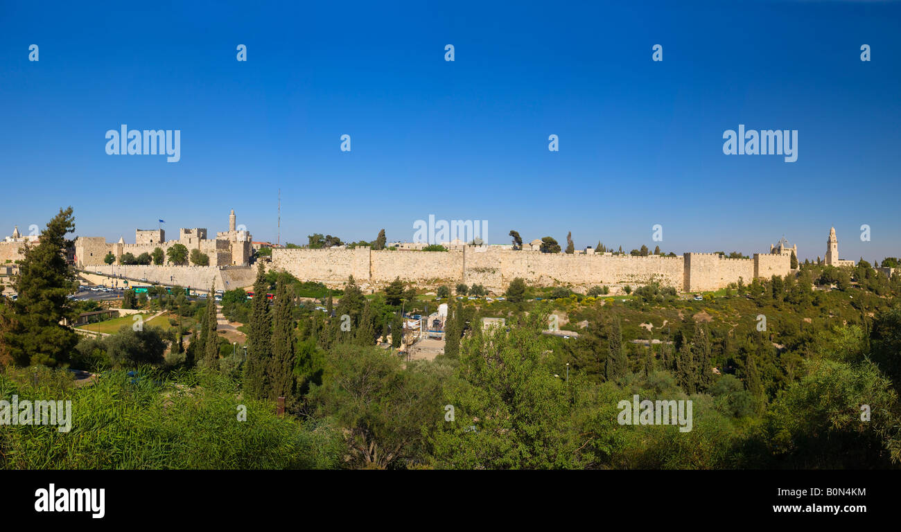 Old City Walls Jerusalem Israel showing Jaffa gate Copy Space Panorama Stock Photo