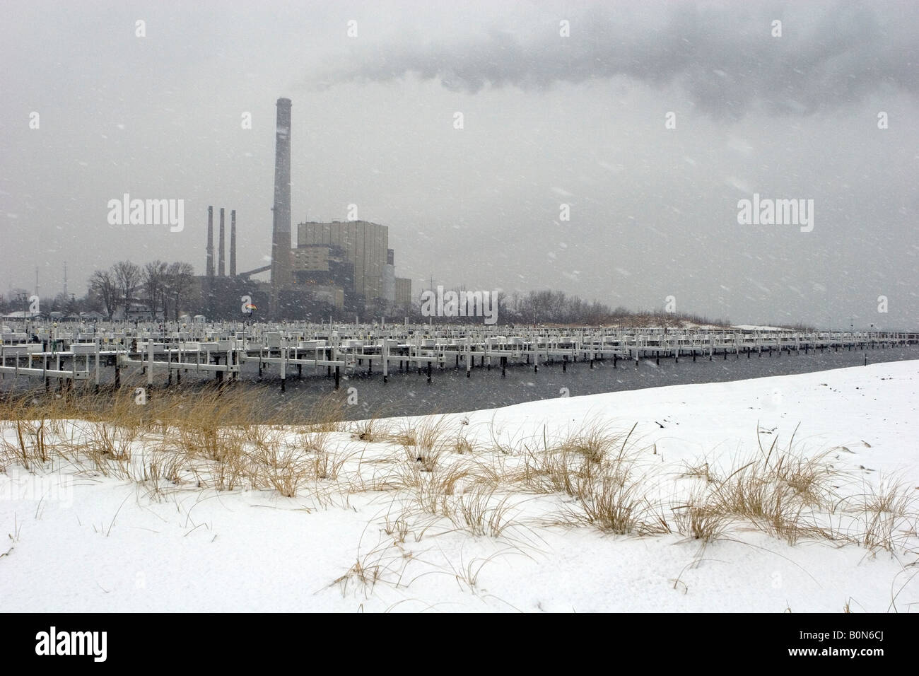 North Indiana Public Service Company (NIPSCO) electrical plant during snowfall. Stock Photo
