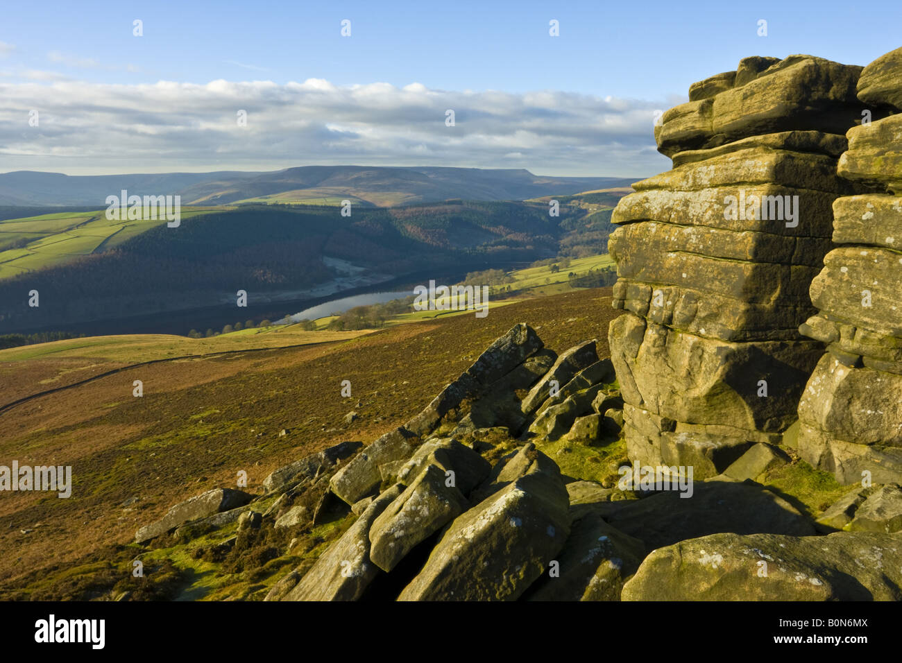 White Tor with surrounding hills and Ladybower reservoir in the distance. Stock Photo