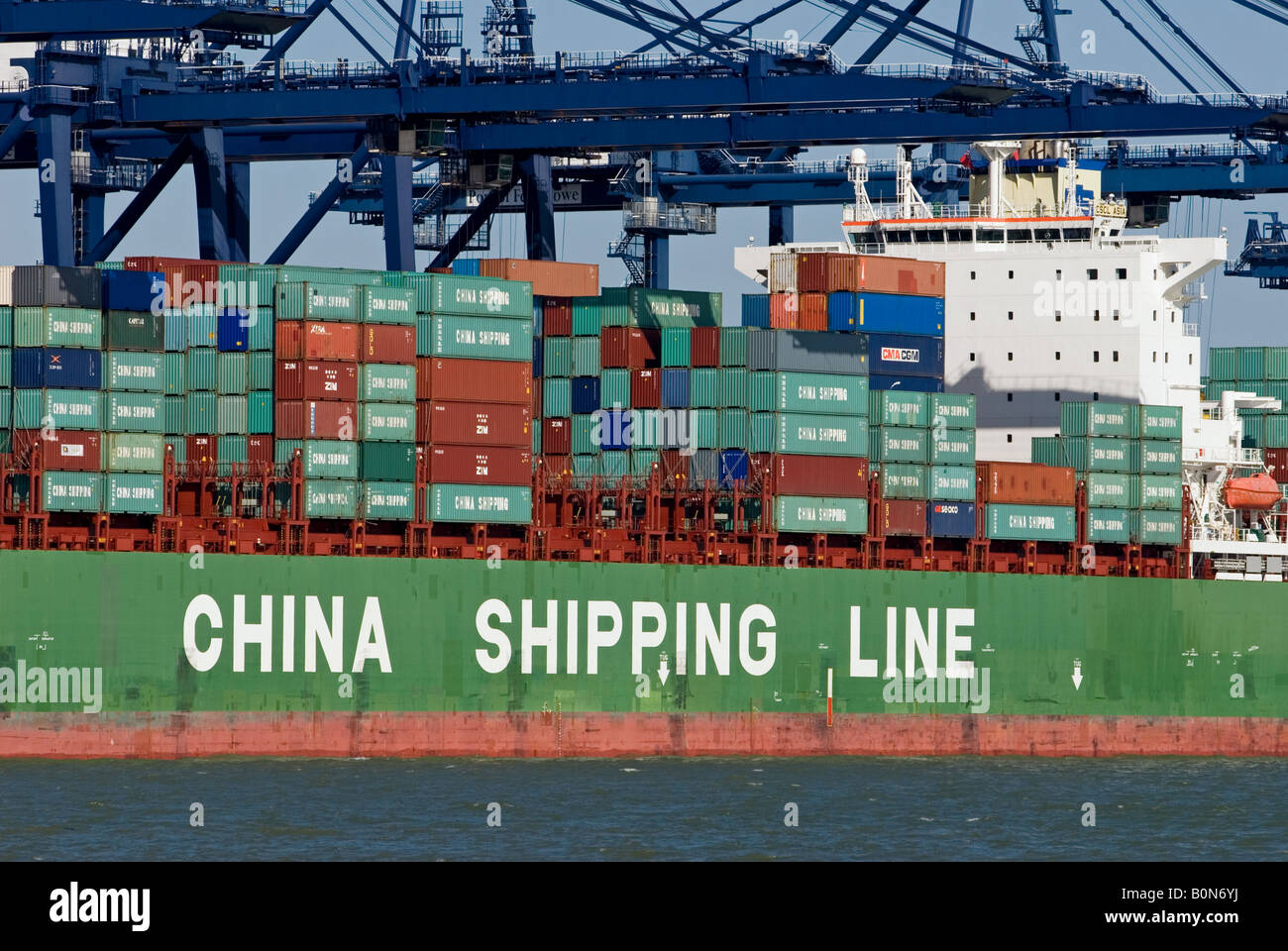 'CSCL Asia' container ship at the Port of Felixstowe, Suffolk, UK. Stock Photo
