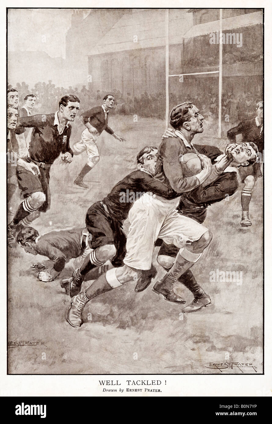 Well Tackled 1920s illustration of an incident in a game of rugby the dash for the line stopped short Stock Photo