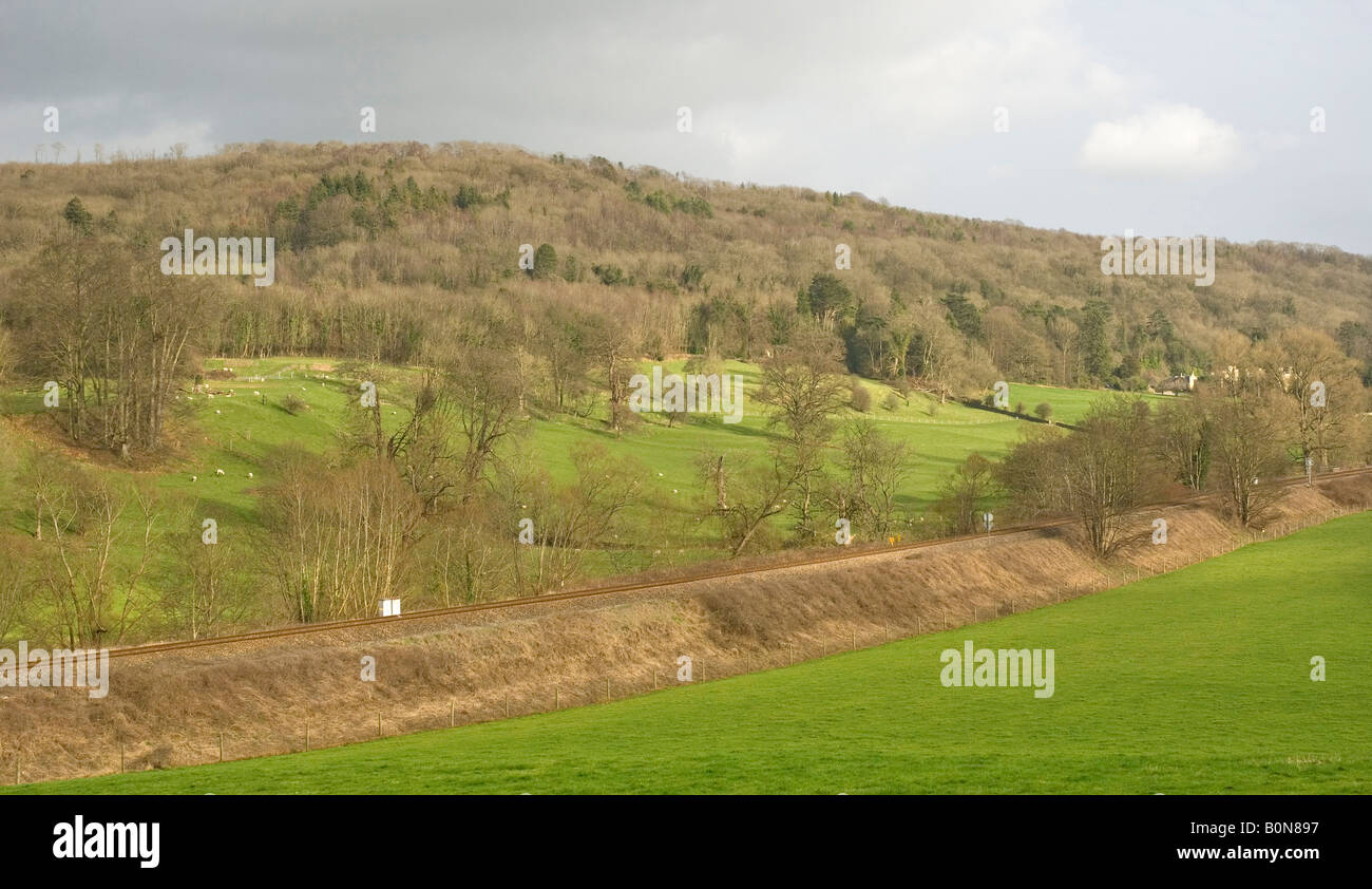 Railway line, embankment, Somerset, England, UK Stock Photo