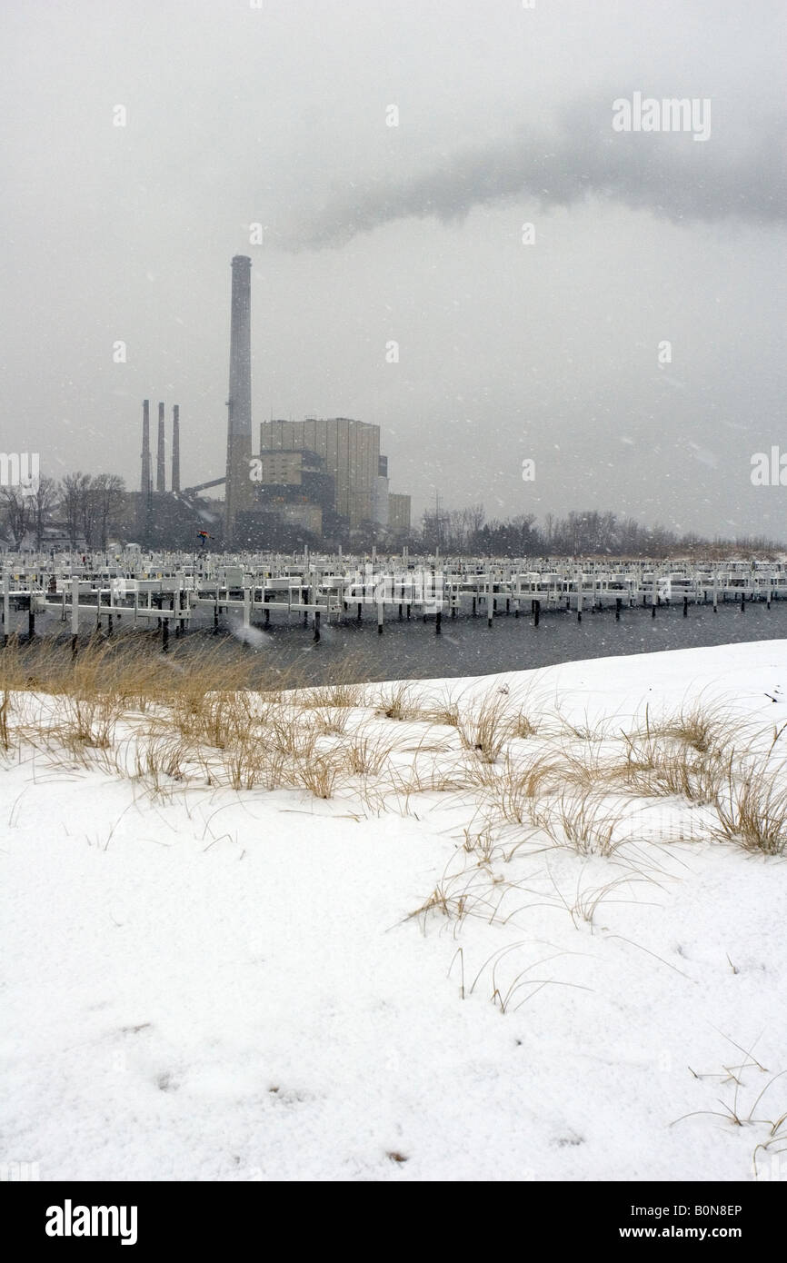 North Indiana Public Service Company (NIPSCO) electrical plant during snowfall. Stock Photo
