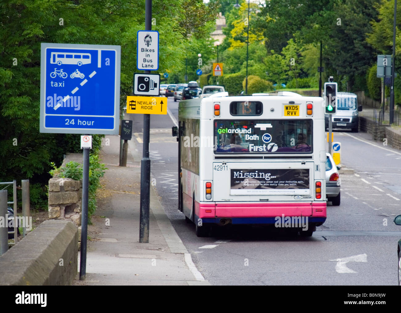 Bath BaNES England UK A bus moves into the bus lane on the A4 near the ...