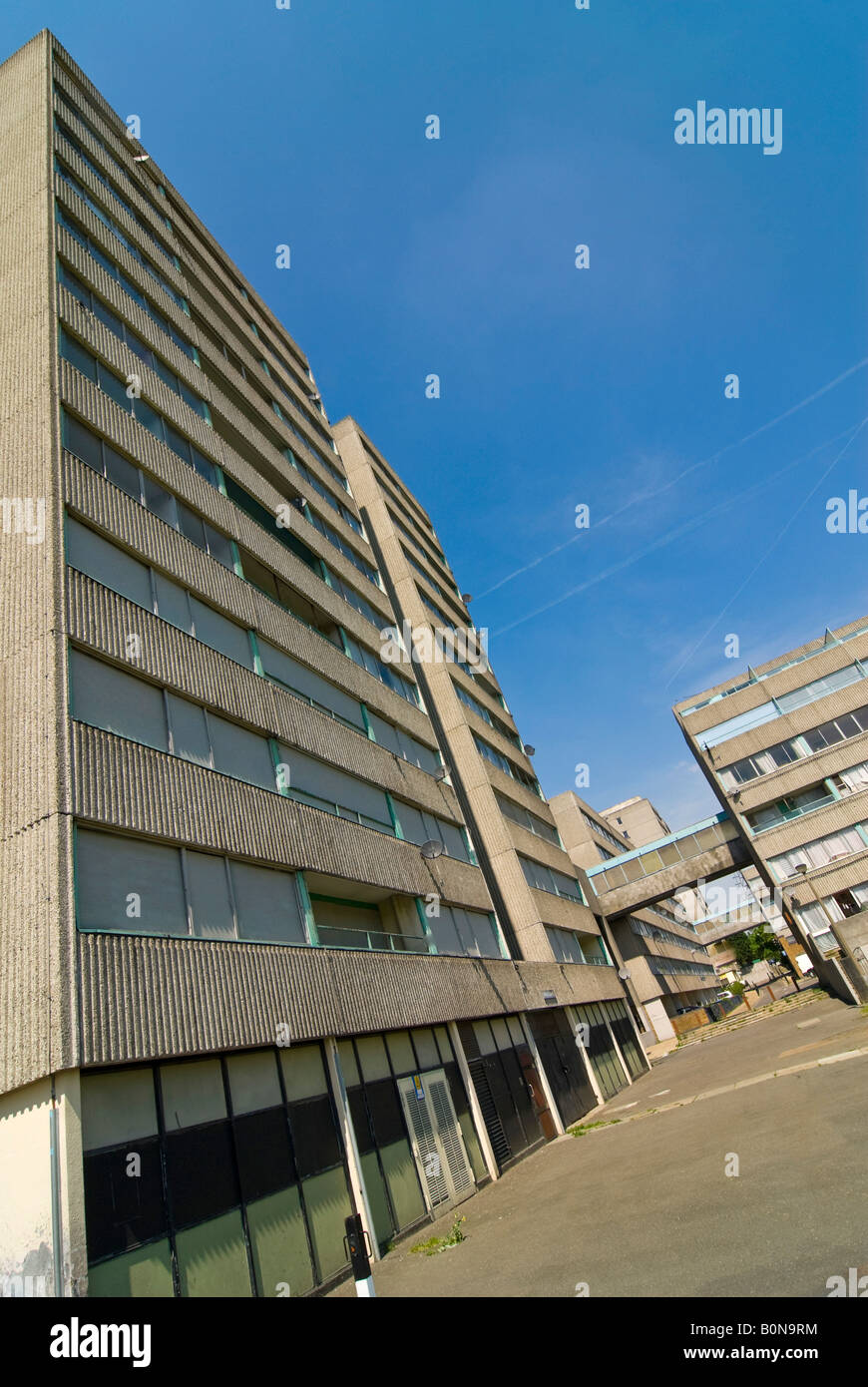 Vertical wide angle of an empty tower block on the Ferrier Estate in Kidbrooke Park on a bright sunny day. Stock Photo